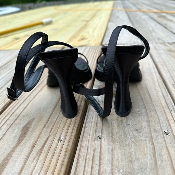 Miss Lola Mina Black Mini Platform Concave Heeled Satin Square Toe 90s Sandals - Picture 12 of 15